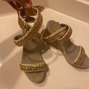 EUC Tory Burch wedge espadrille heels. Gold and beige, size 9.